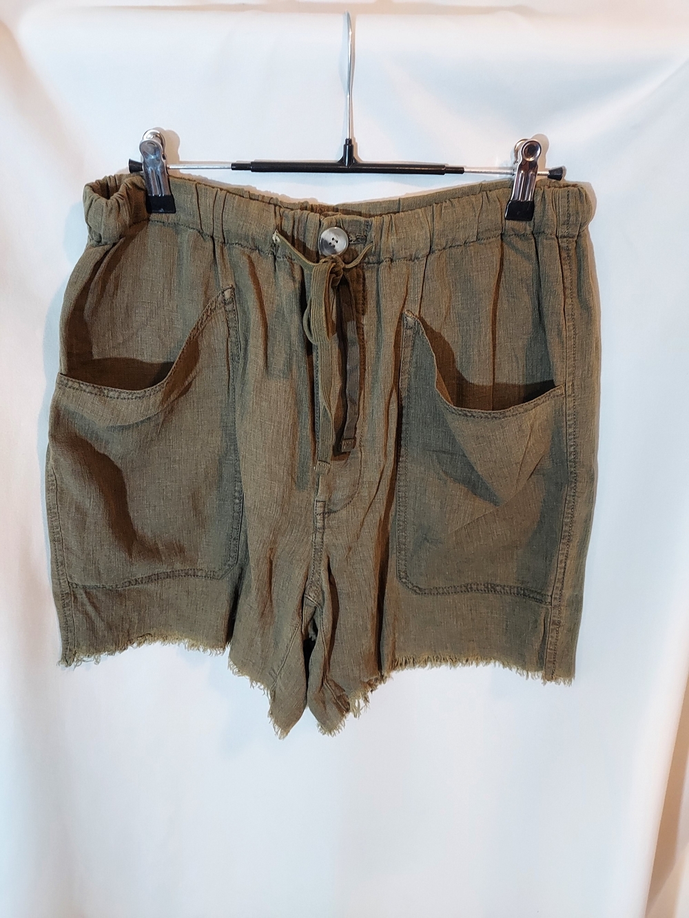 Free People Olive Drawstring Linen-Blend Patch Pocket Shorts